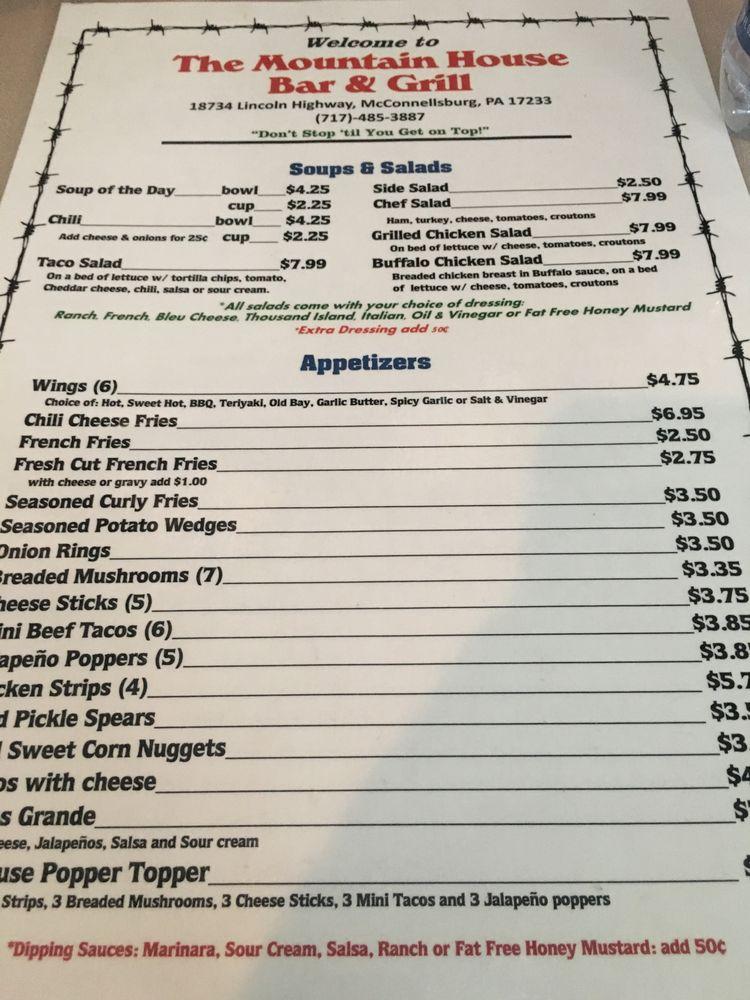 Menu at The Mountain House Restaurant, USA, Lincoln Hwy