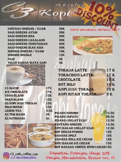 Menu at C3 Cafe Coffee Cup Kopi Toraja, Manado, FR9J+C7C