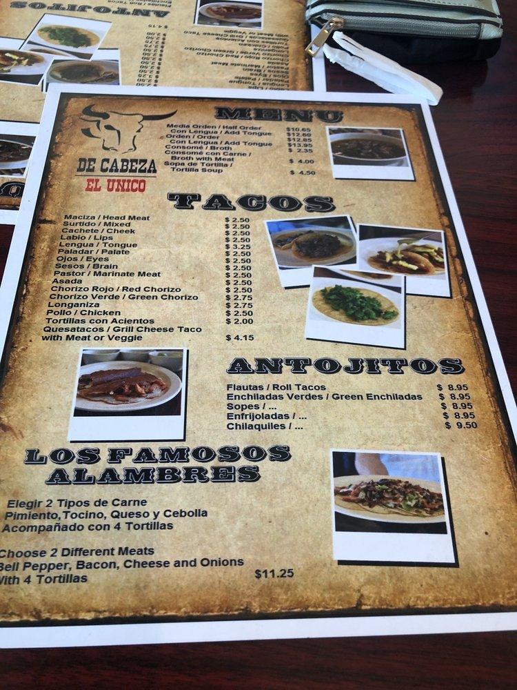 Menu at De Cabeza /El Único restaurant, Chula Vista