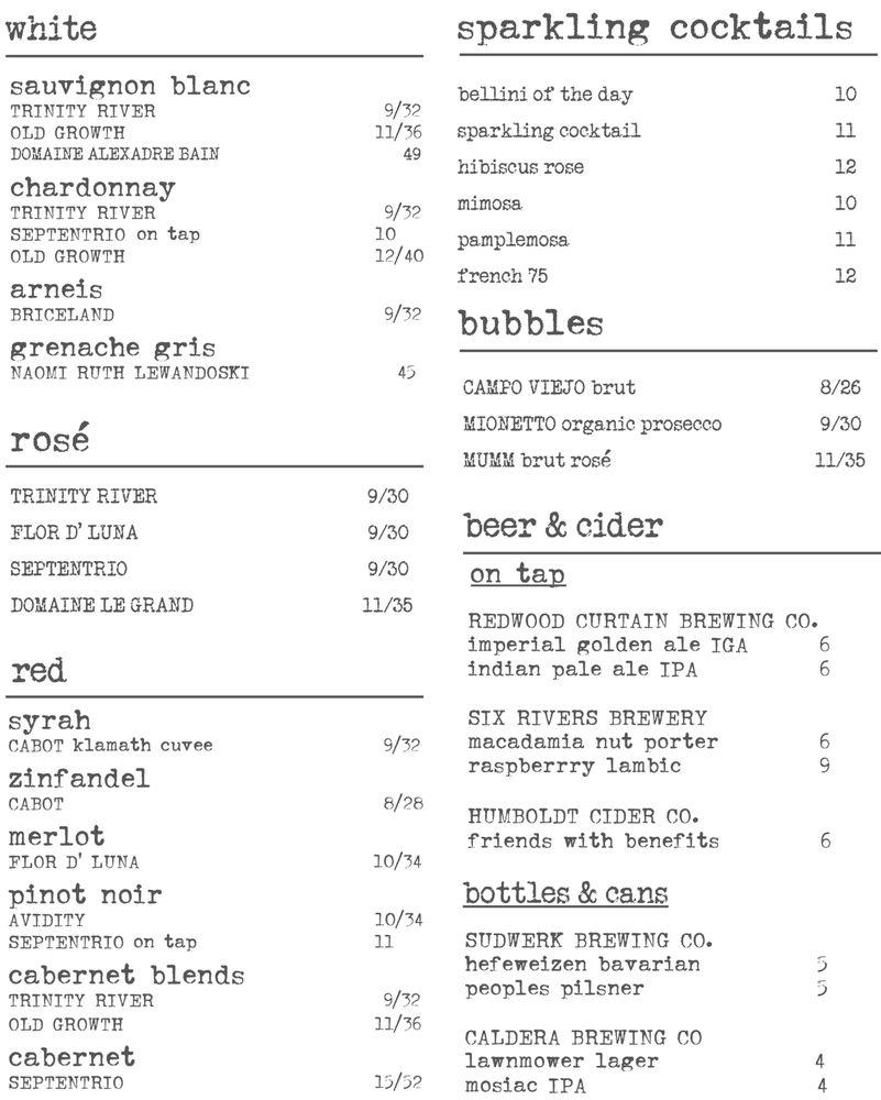 Menu at Phatsy Kline's Parlor Lounge pub & bar, Eureka