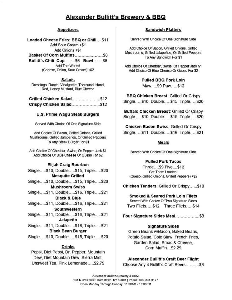 Menu at Bullitt's Winery & Bistro pub & bar, Bardstown