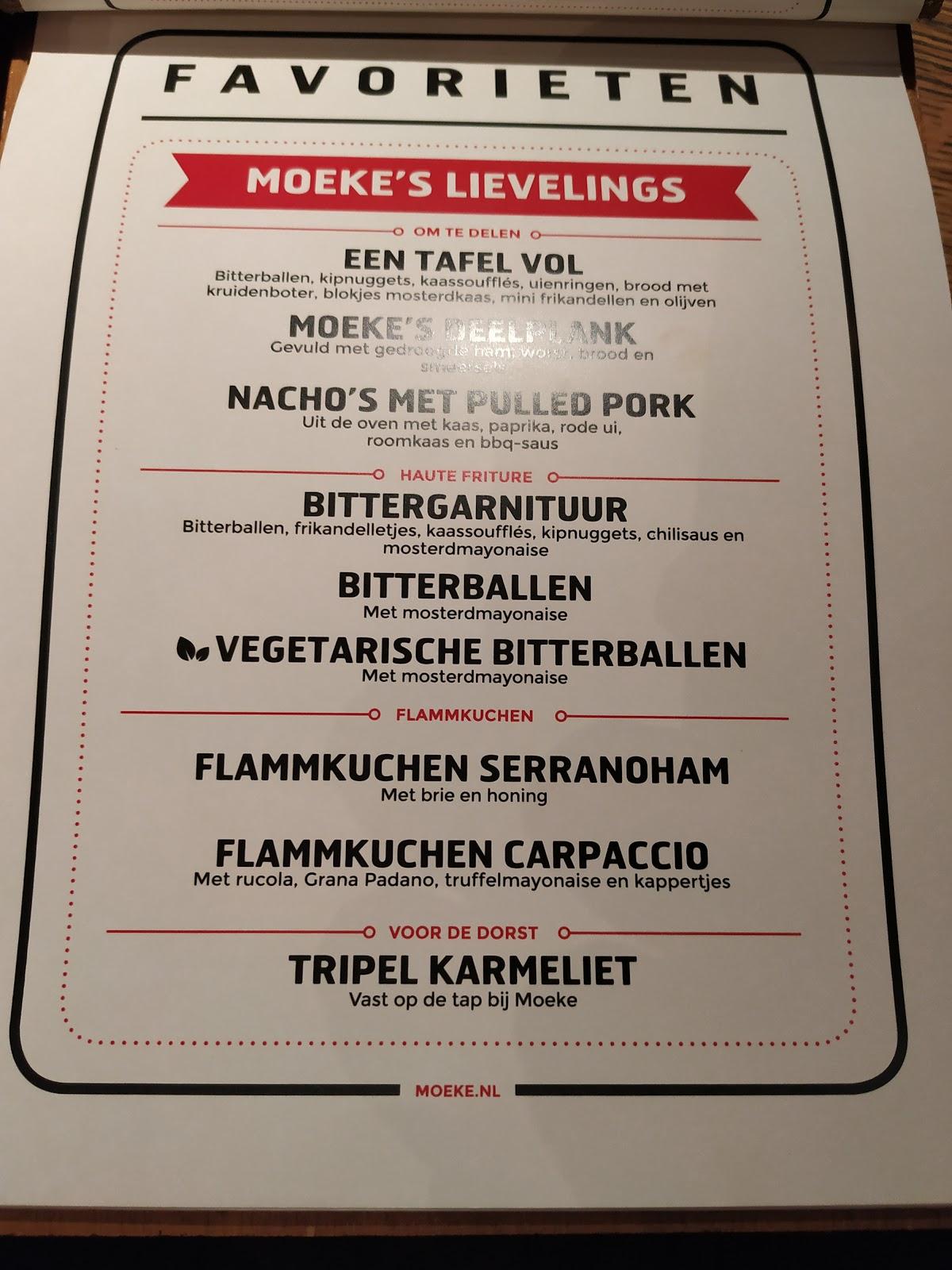 Menu at Moeke Delft, Delft