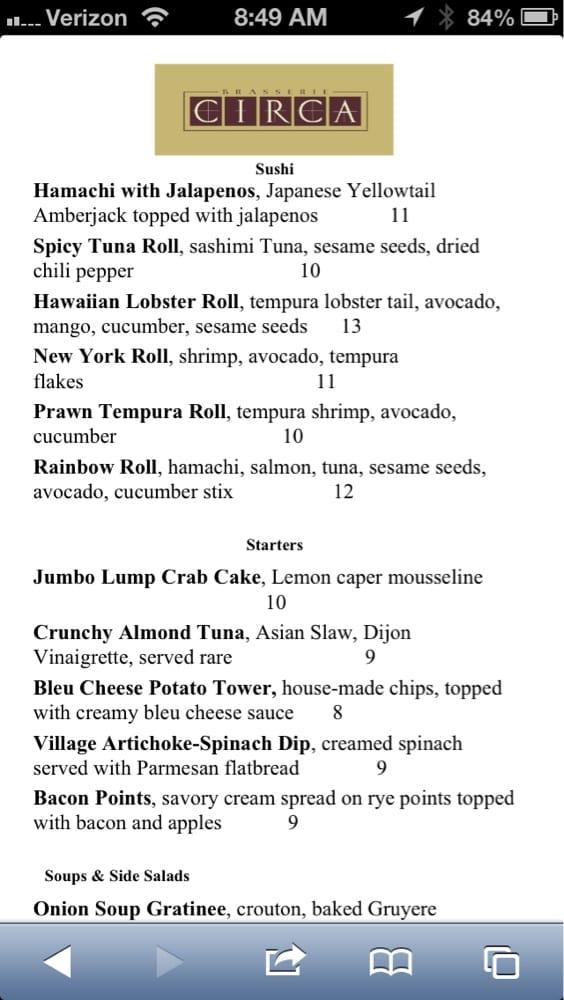 Menu at Brasserie Circa restaurant, Macon