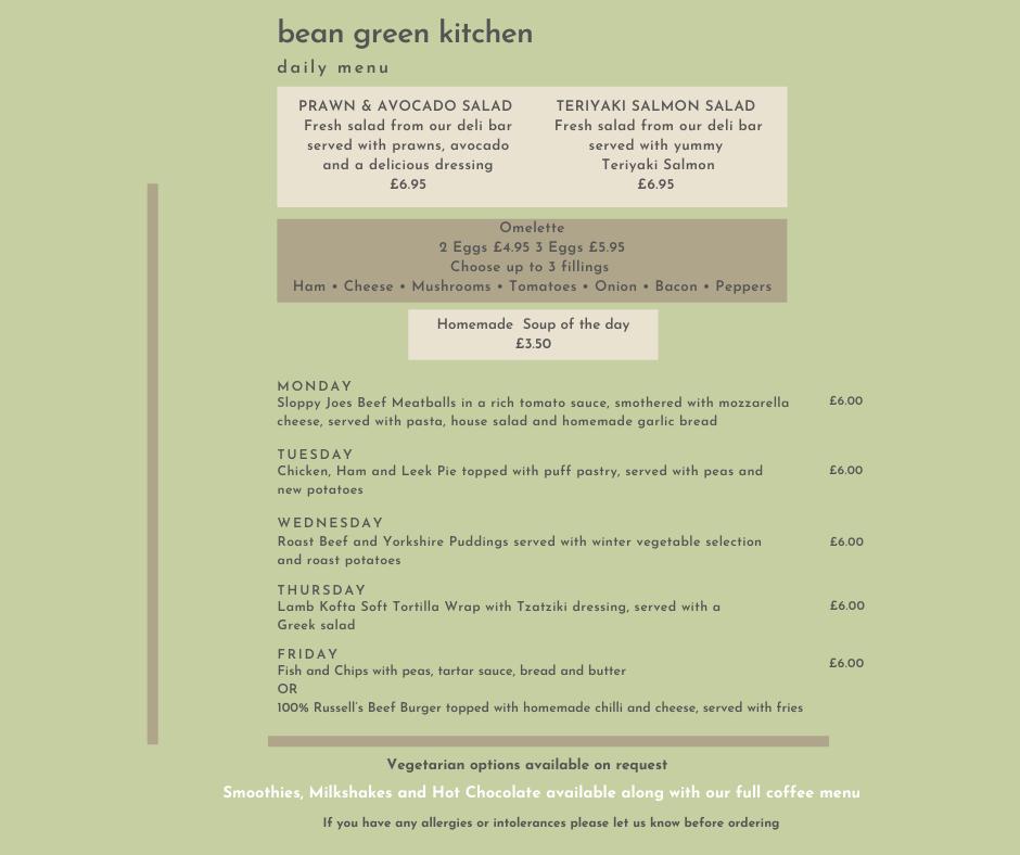 Menu at Bean Green Kitchen cafe, Sutton Coldfield