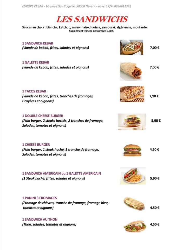Menu at Sarl Europe Kebab pub & bar, Nevers