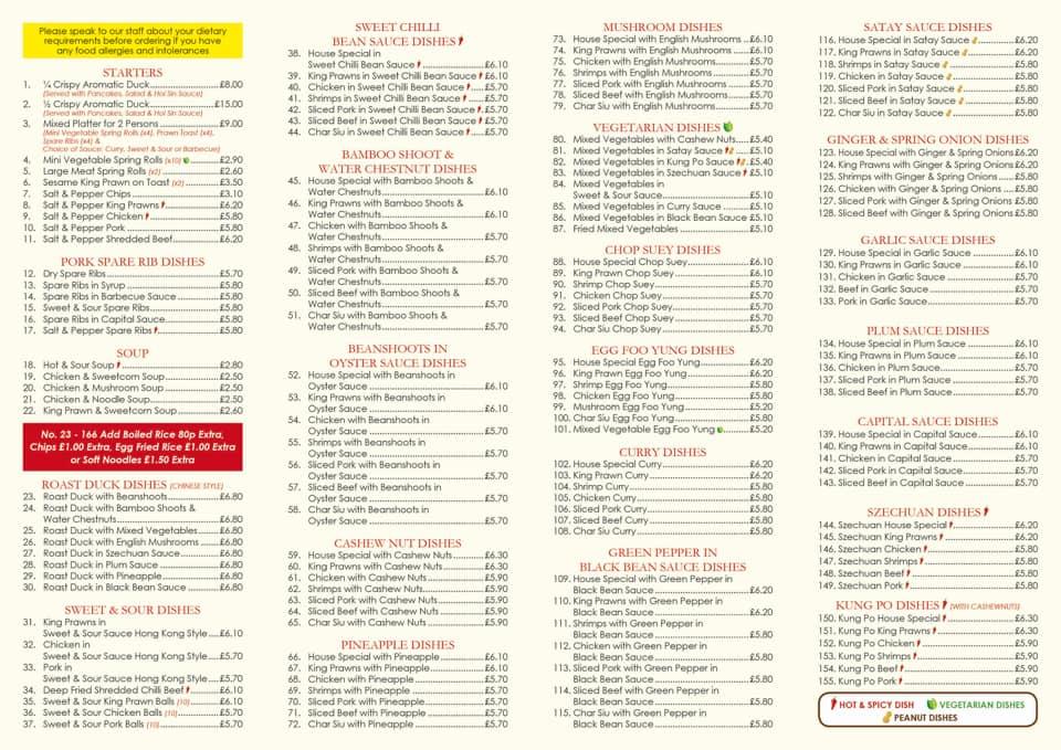 Menu at Kowloon House restaurant, Middlesbrough