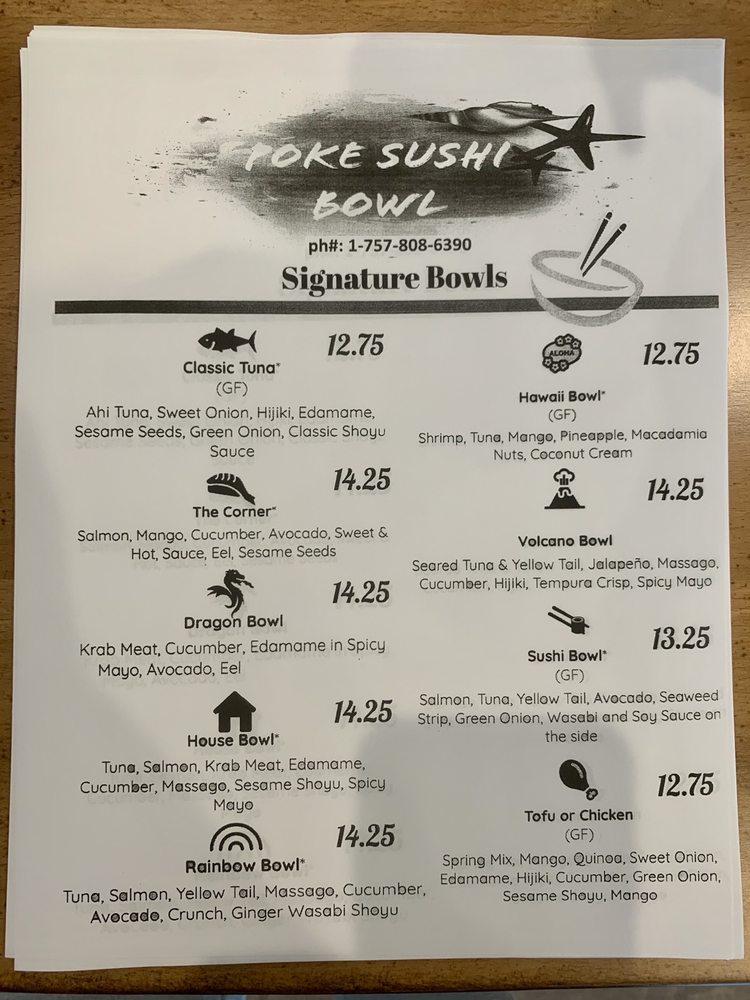 Menu at Poke Sushi Bowl restaurant, Williamsburg