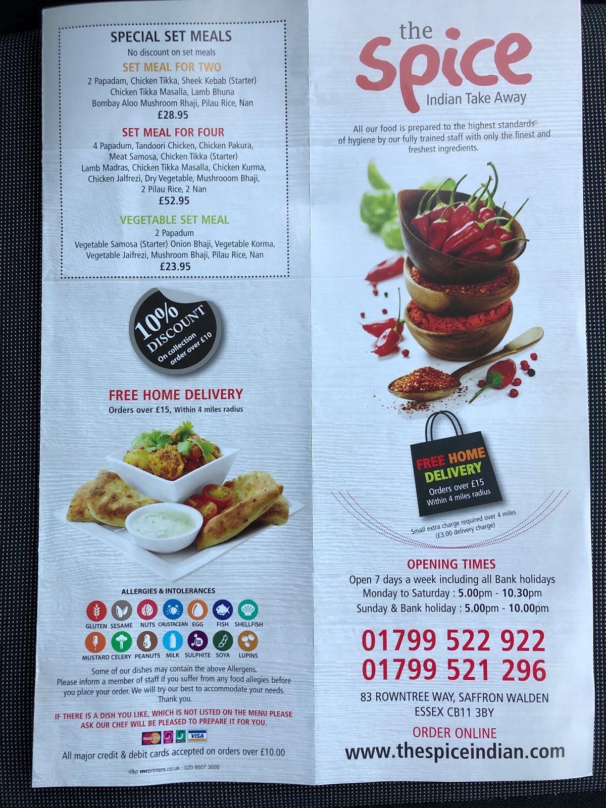 Menu at The Spice, Saffron Walden