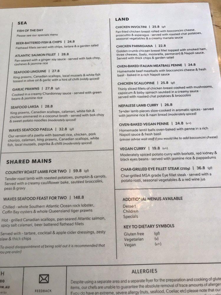 Menu at Waves on the Beach Restaurant, Frankston