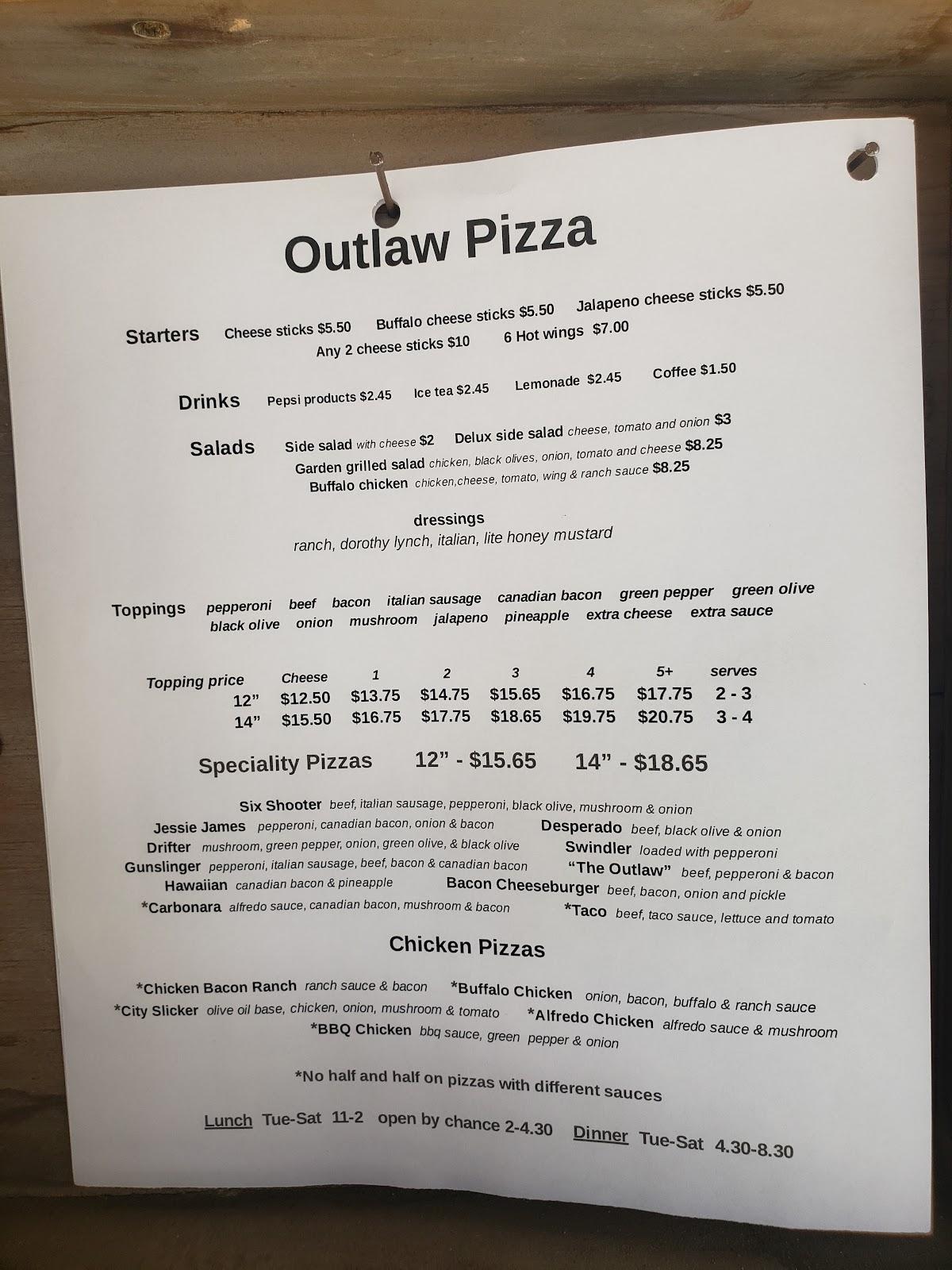 Menu at Outlaw Pizza pizzeria, Ponca