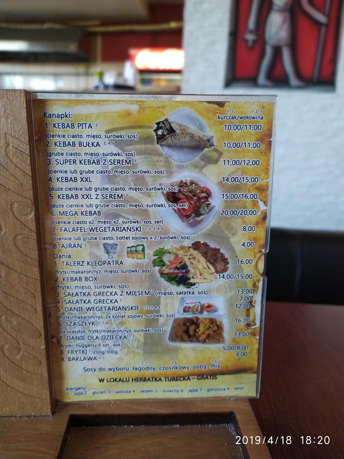 Menu at Kebab Kleopatra restaurant, Lomza