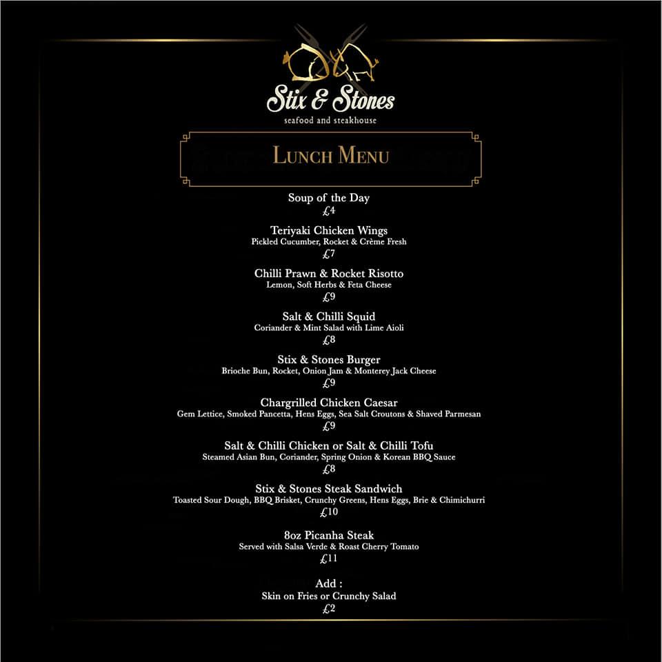 Menu at Stix and Stones City Centre steakhouse, Belfast