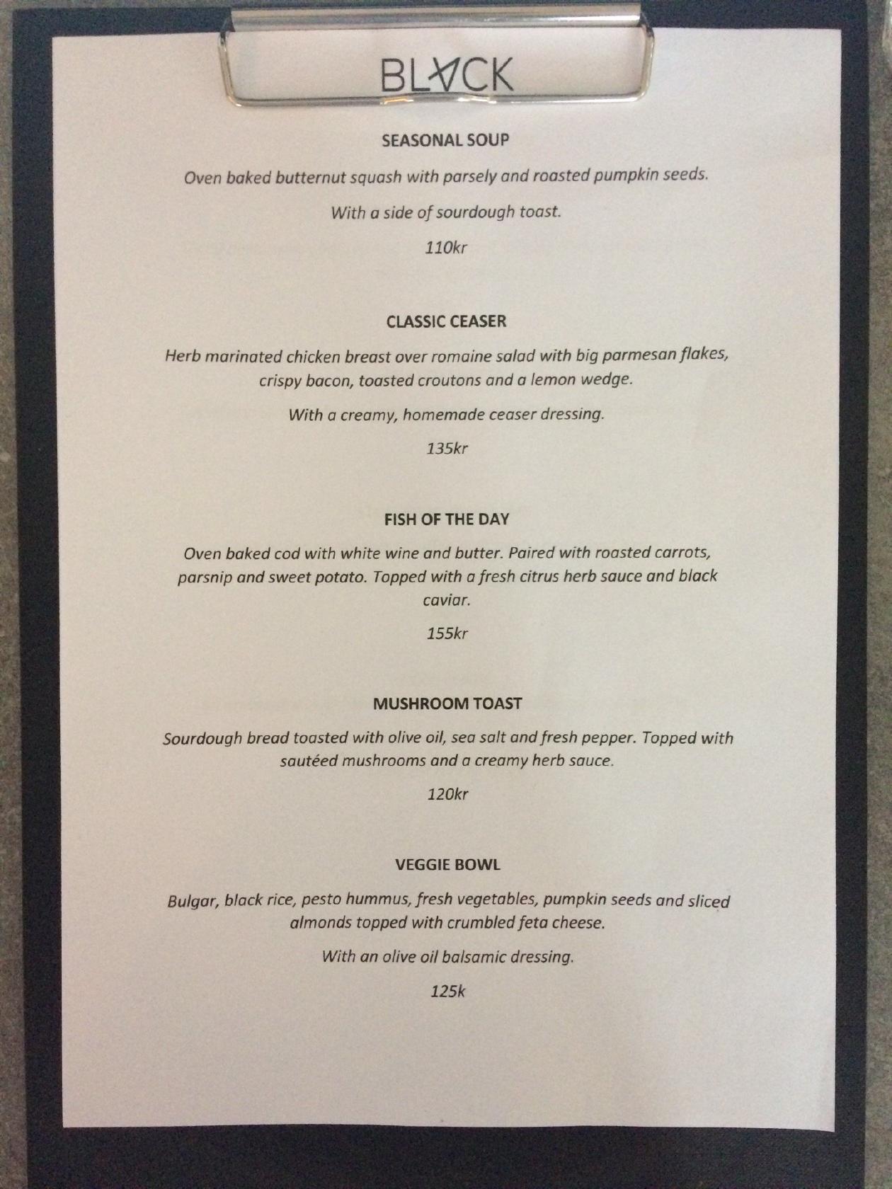 Menu at Black Coffee Bar, Gothenburg