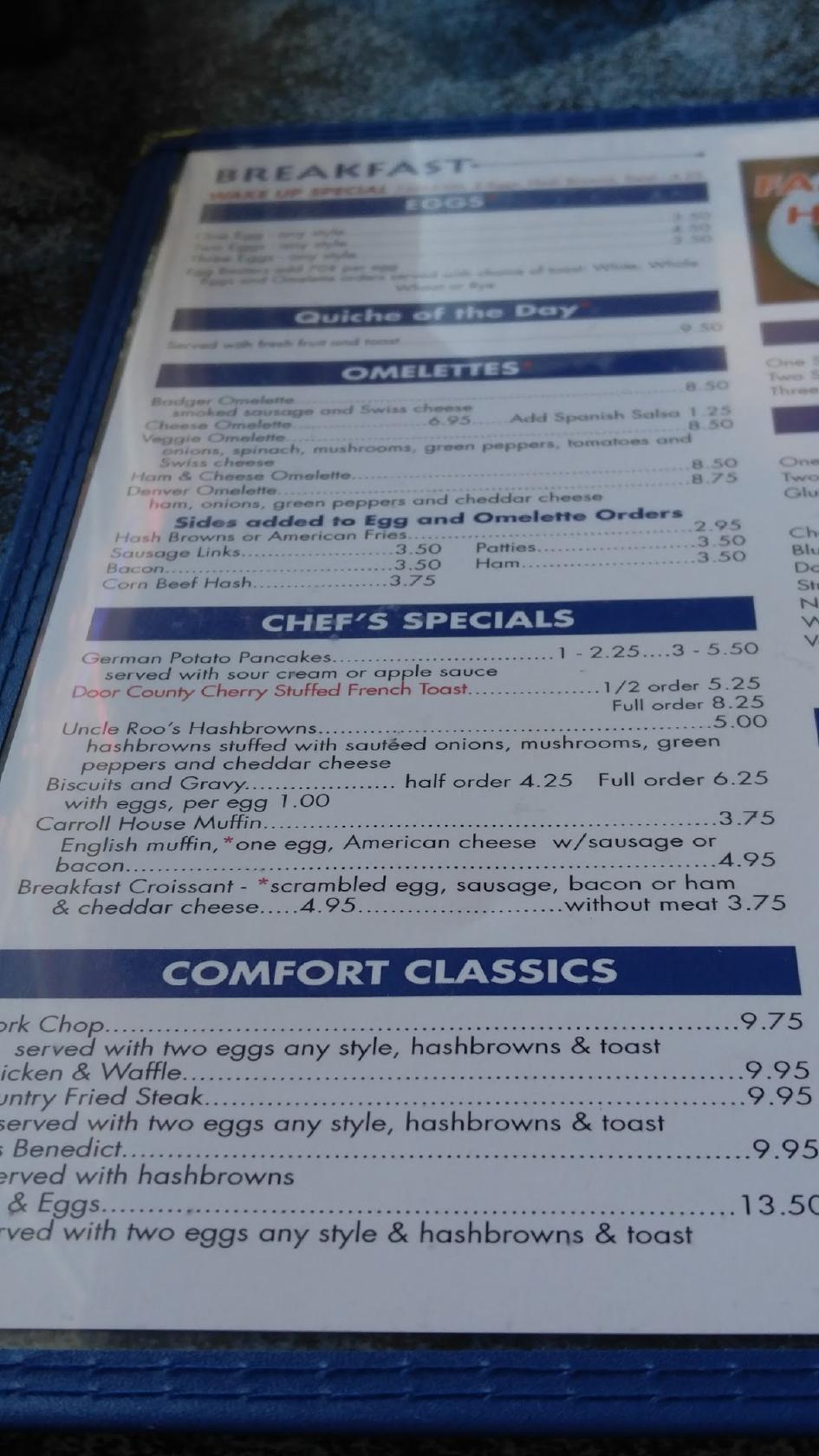 Menu at Carroll House Restaurant, Sister Bay