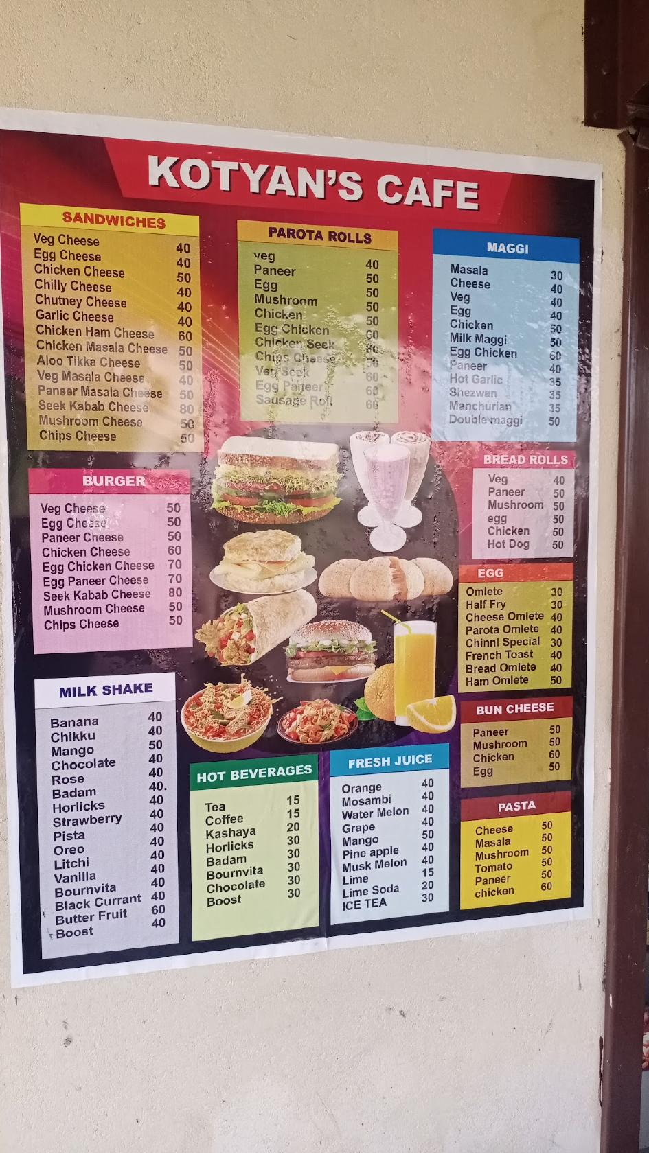 Menu at Kotyans Cafe, Manipal