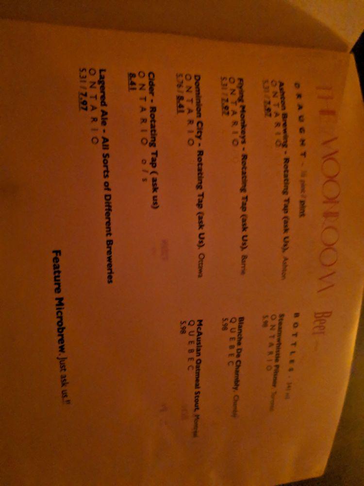 Menu at The Moonroom pub & bar, Ottawa
