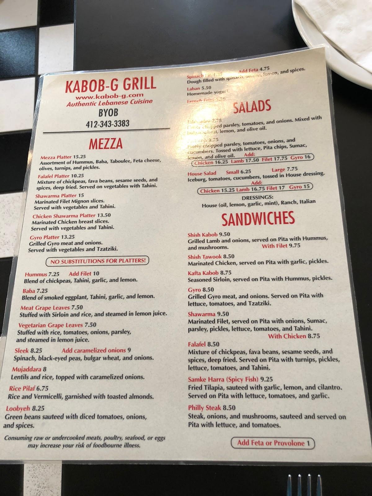 Menu at KabobG Grill restaurant, Castle Shannon