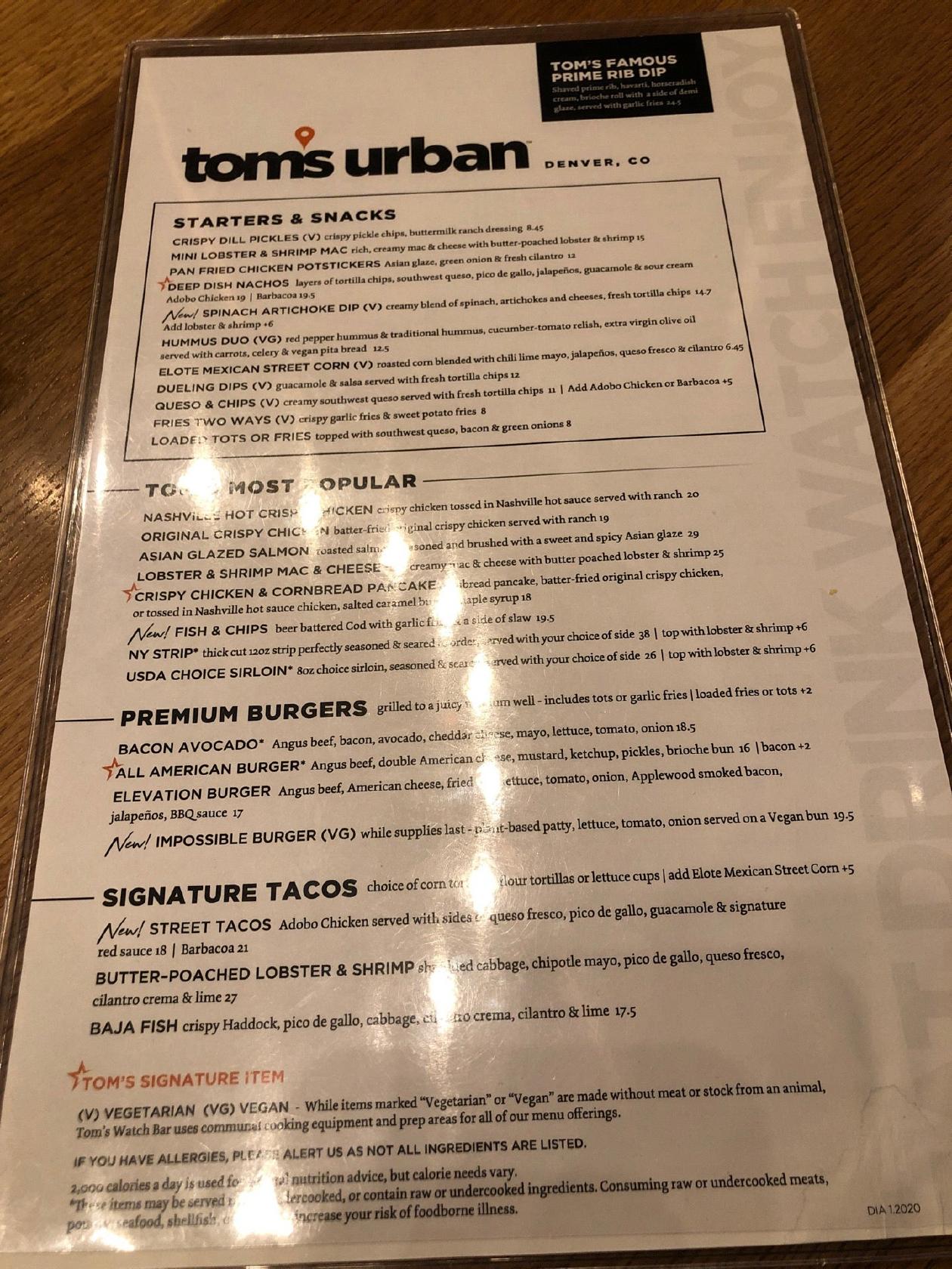 Menu at Tom's Urban pub & bar, Denver, Peña Blvd