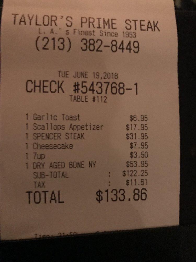 Menu at Taylor's Steak House steakhouse, Los Angeles