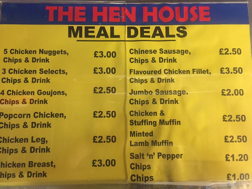 Menu at Hen House, Oldham