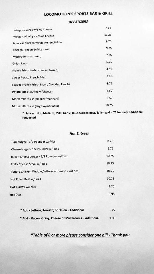 Menu at Sports Bar, Cobleskill, 136 Railroad Ave