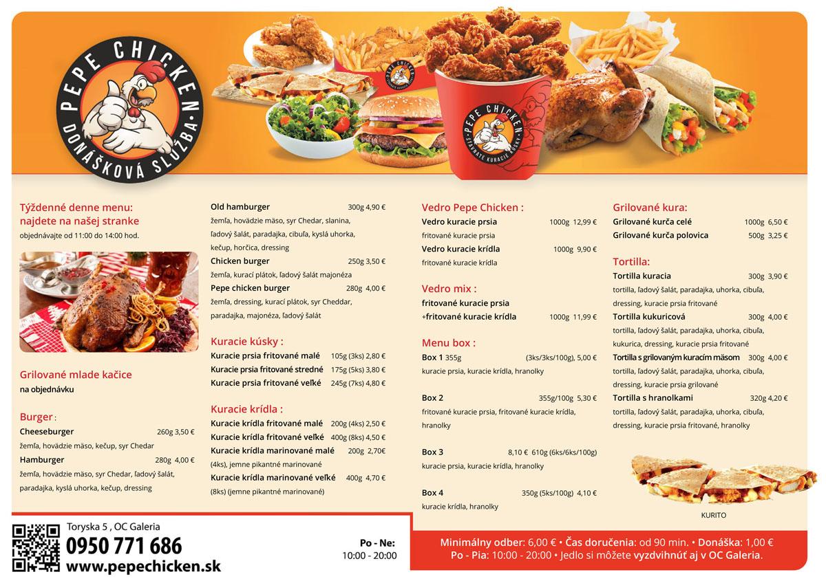 Menu at Pepe Chicken, Košice