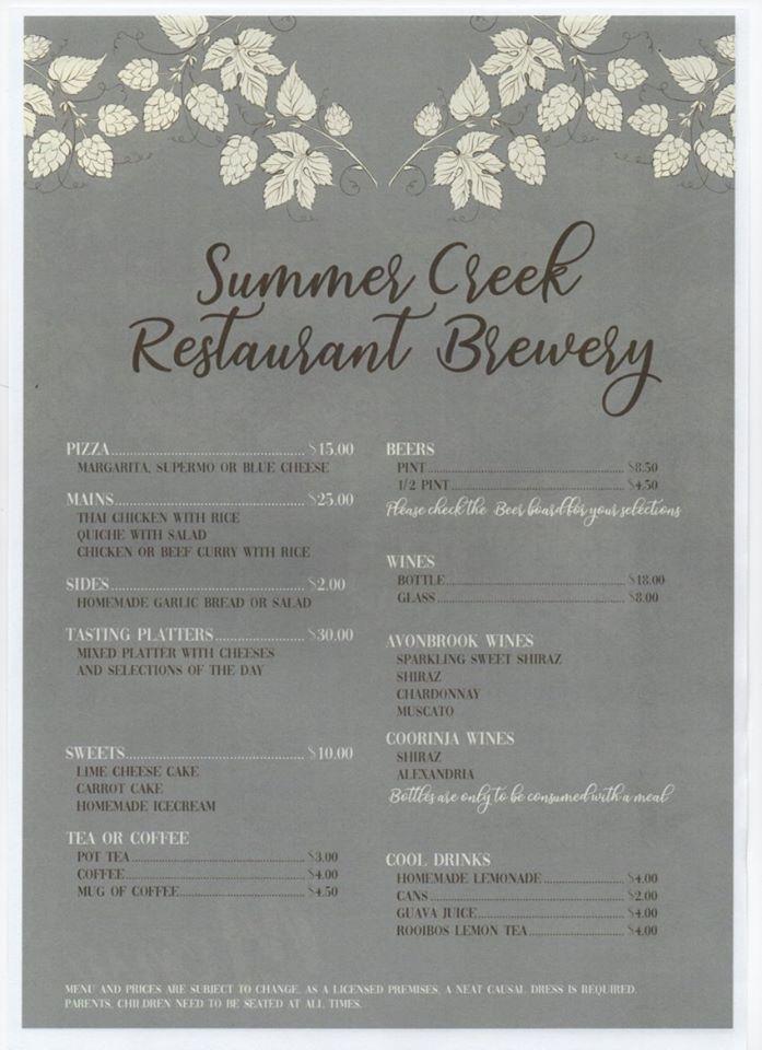 Menu at Summer Creek Restaurant and Brewery, Bakers Hill