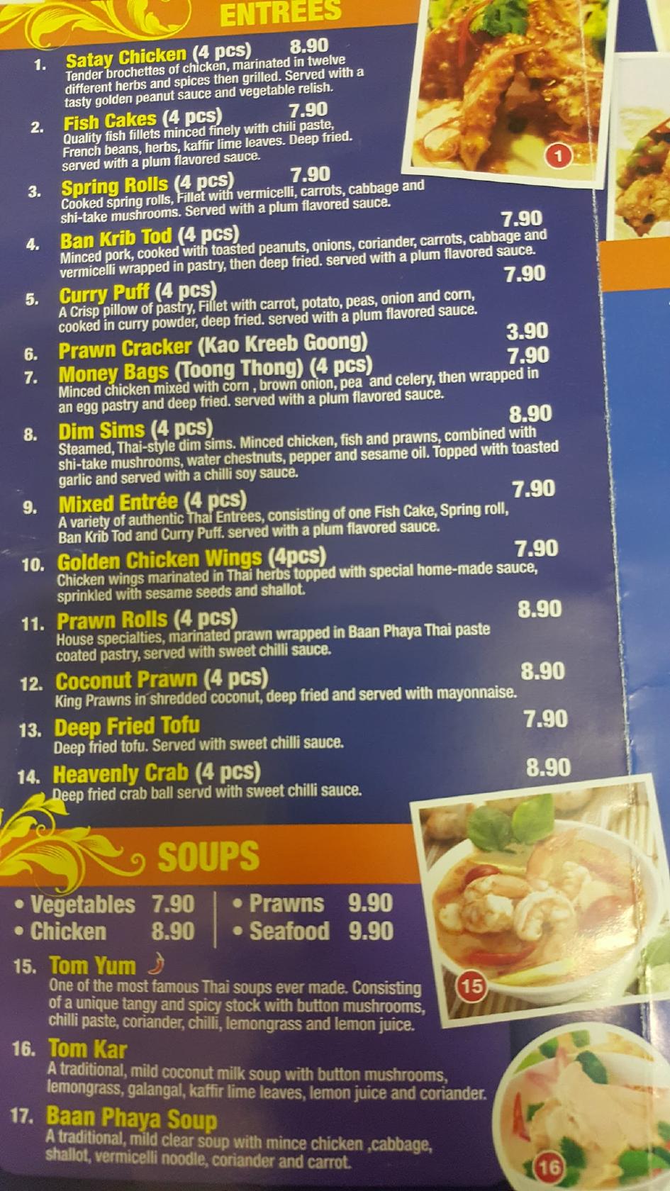 Menu at Baan Phra Ya Thai Brighton restaurant, Brighton