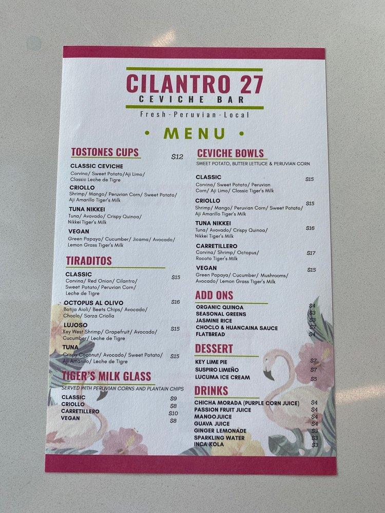 Menu at Cilantro 27 restaurant, Miami, 723 Lincoln Ln N