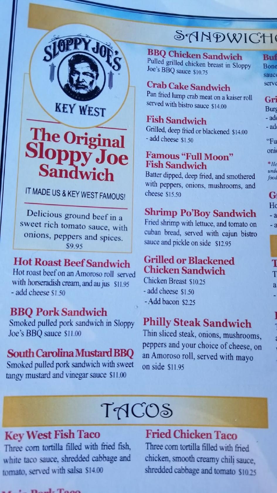 Menu at Sloppy Joe's Bar, Key West, 201 Duval St