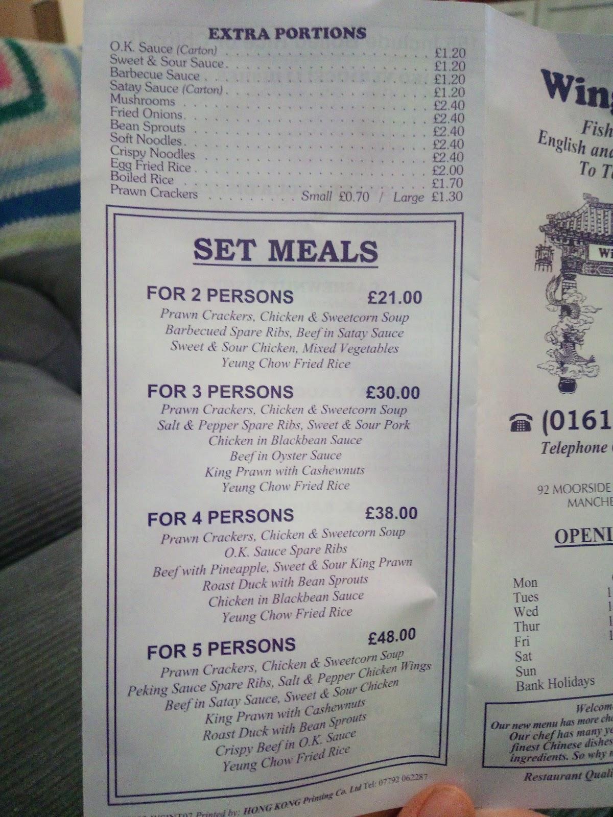 Menu at Wing Sing restaurant, Manchester, 92 Moorside St