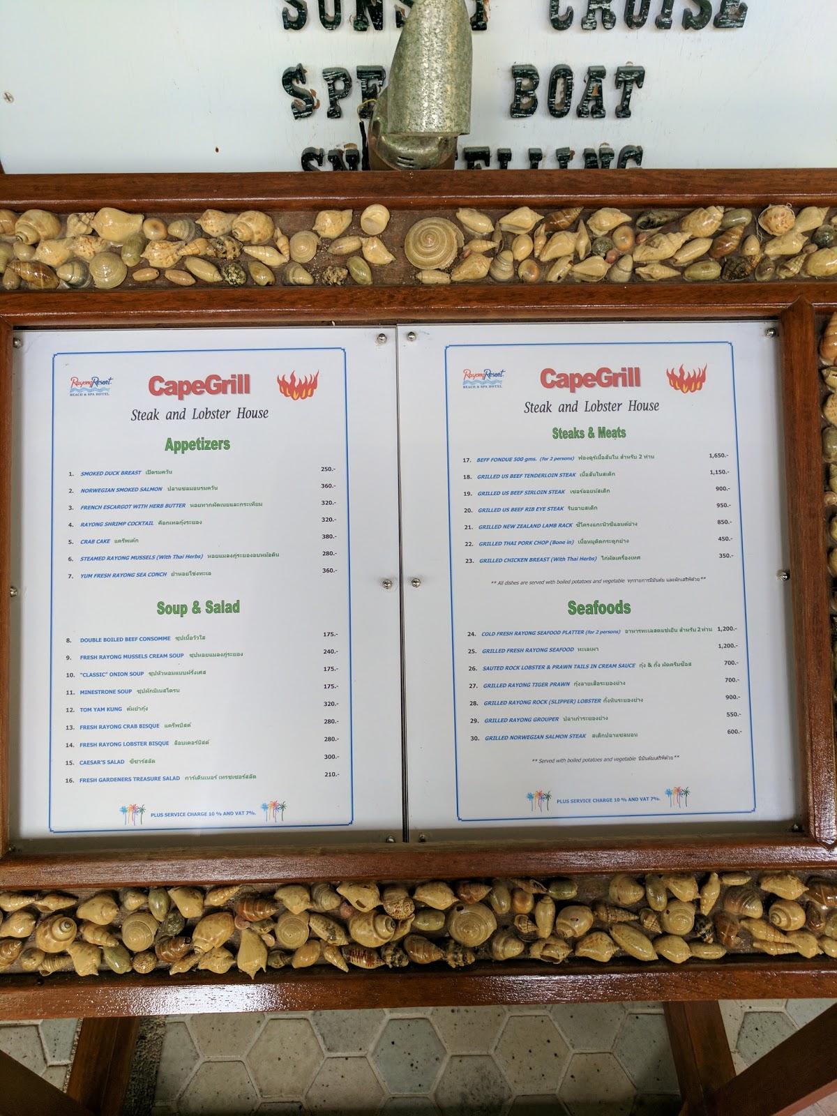 Menu at Cape Grill restaurant, Taphong