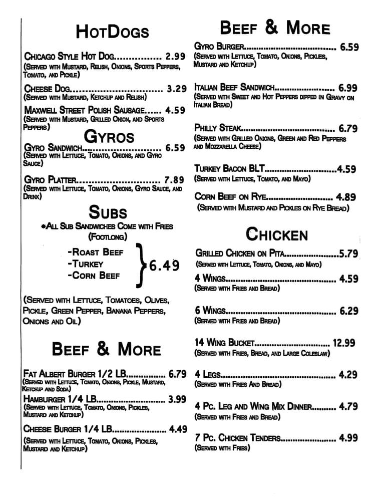 Menu at Fat Albert's restaurant, Jackson