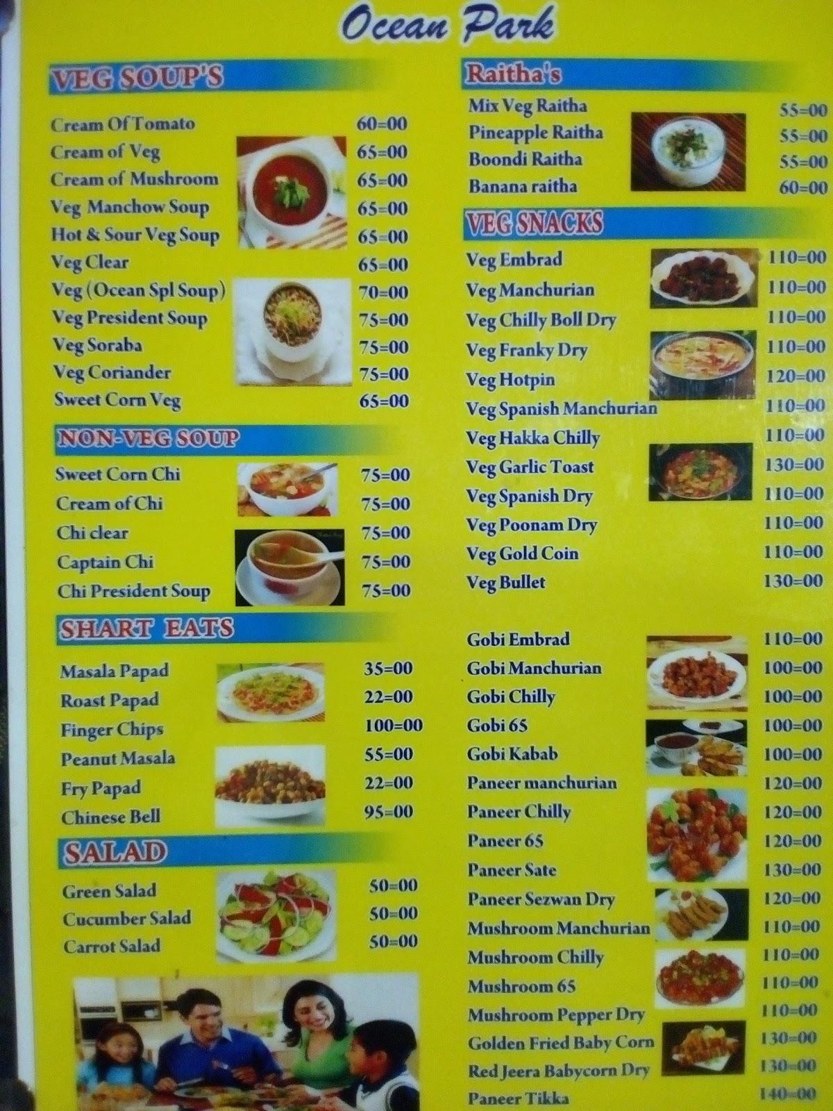 Menu at Ocean Park Family Restaurant, Davanagere, State Highway 76