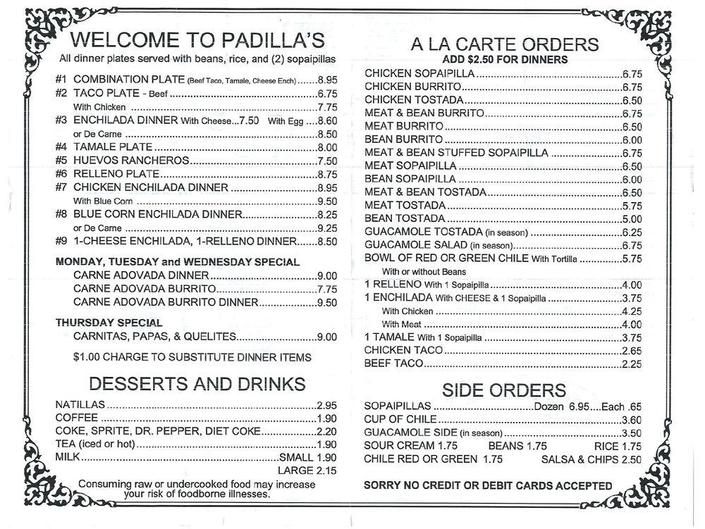 Menu at Padilla's Mexican Kitchen restaurant, Albuquerque