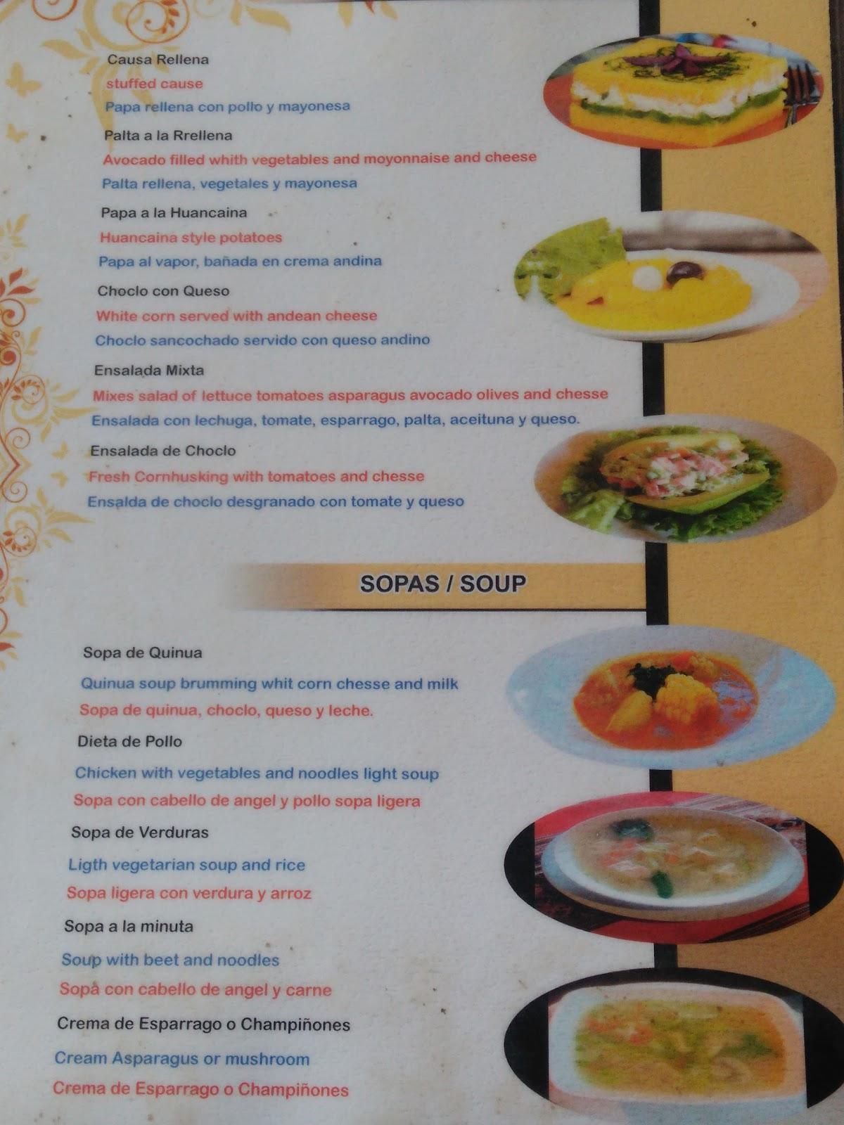 Menu at Los Portales II restaurant, Cusco, Del Medio 177