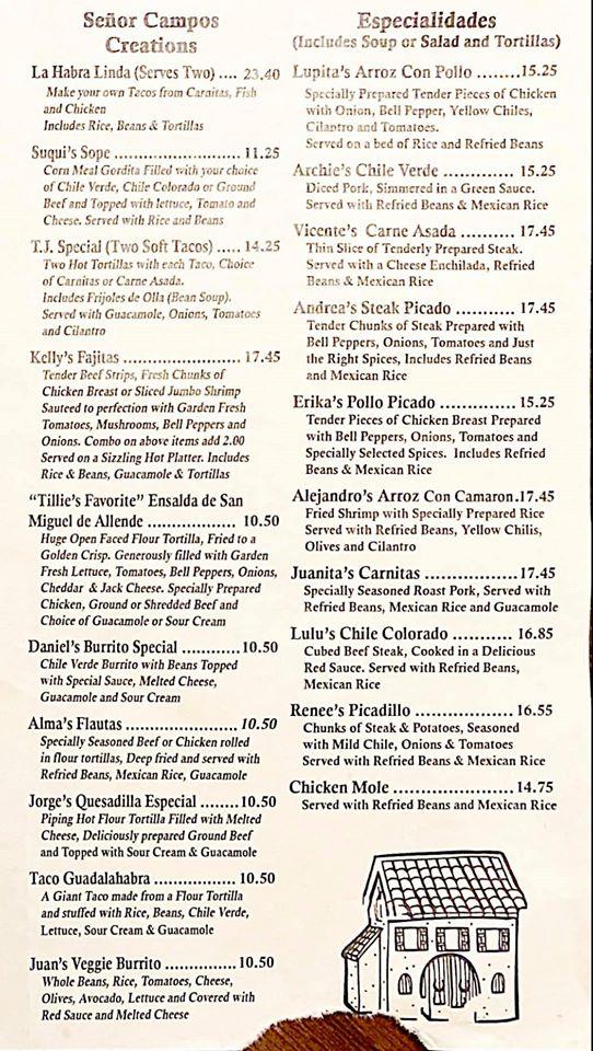 Menu at Señor Campos restaurant, La Habra