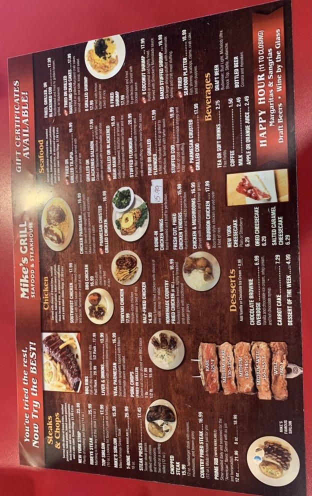 Menu at The Original Mike's Grill steakhouse, Bartow
