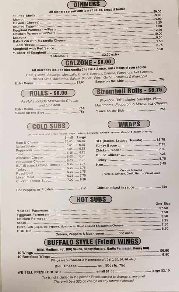 Menu at Sidney Joe's pizzeria, Sidney