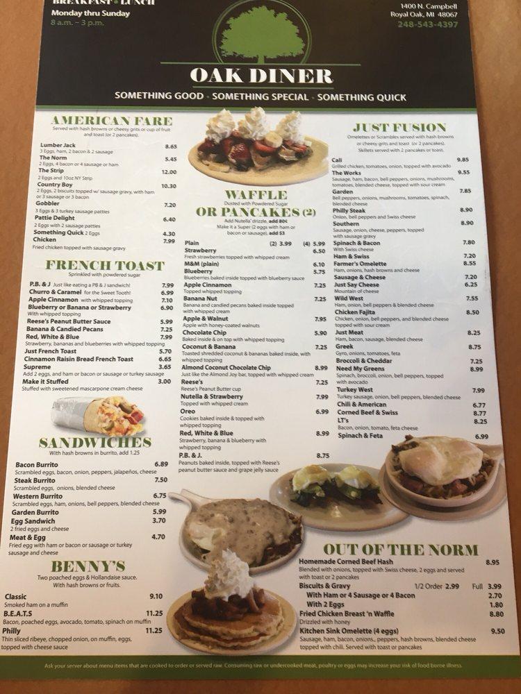 Menu at Oak Diner restaurant, Royal Oak