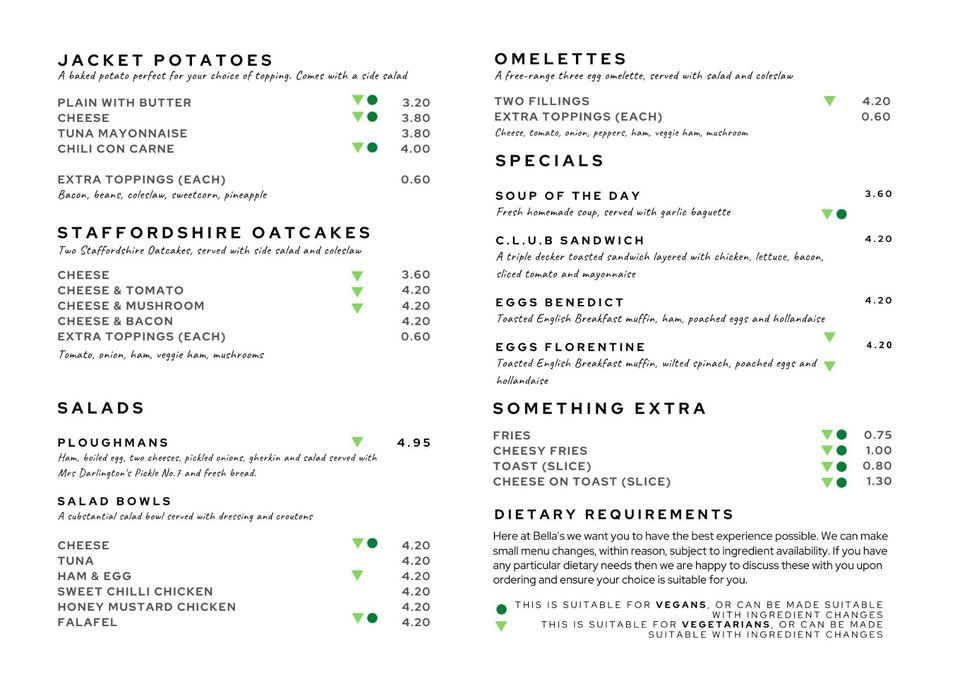 Menu at Bellas Coffee House, Hednesford