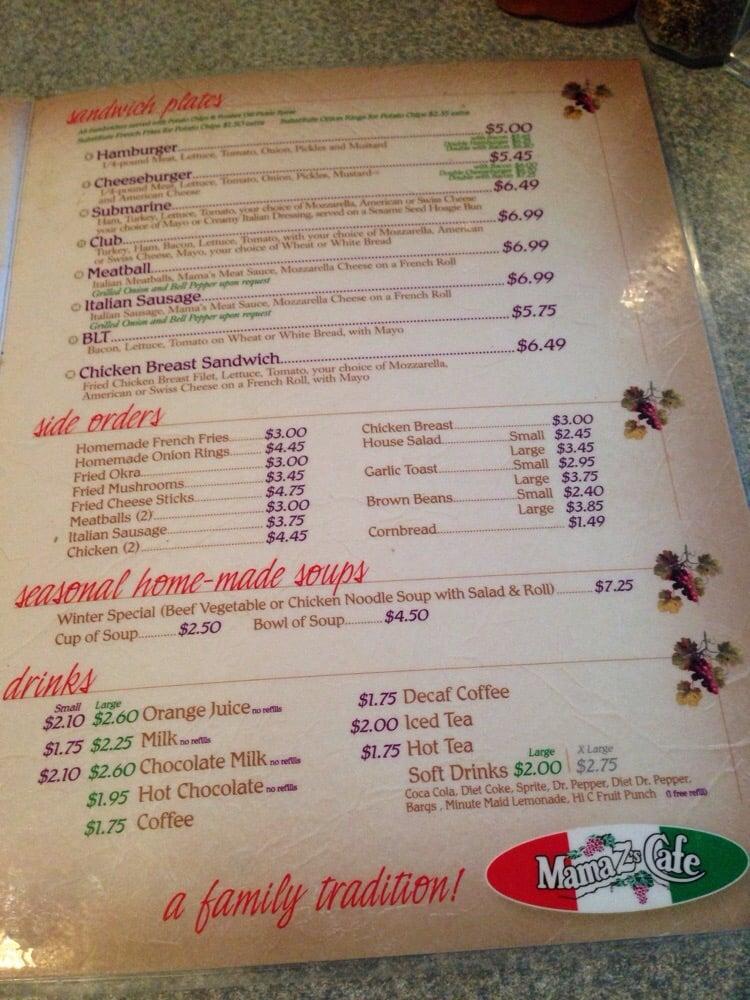Menu at Mama Z's Cafe, Tontitown