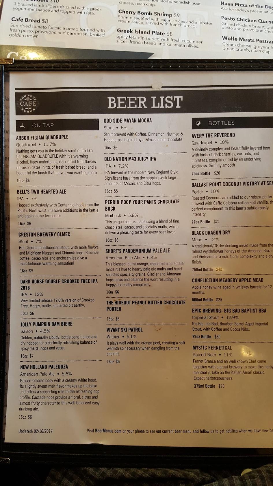 Menu at Soup Spoon Café pub & bar, Lansing