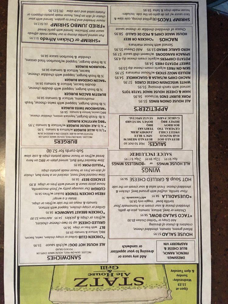 Menu at Statz Ale House & Grill pub & bar, Beaver Dam