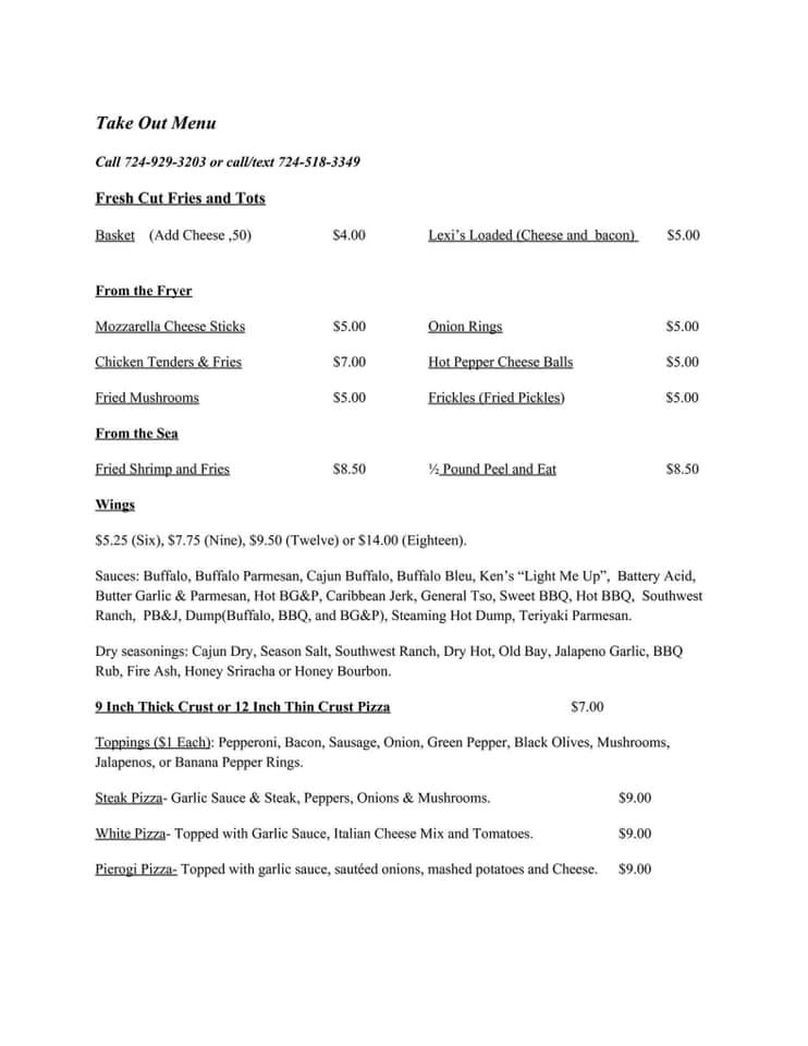 Menu at Athletic Club, Belle Vernon