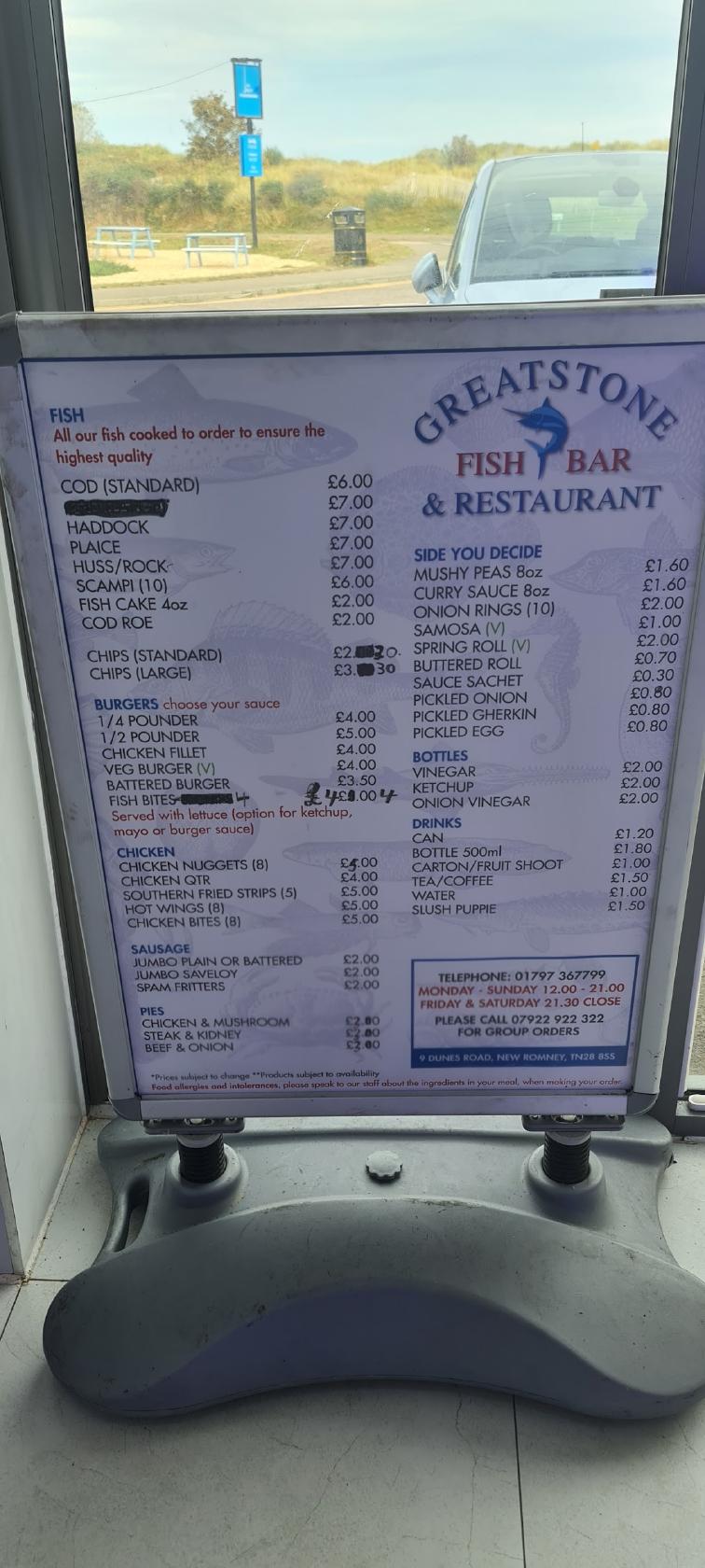 Menu at Greatstone Fish Bar & Restaurant, New Romney