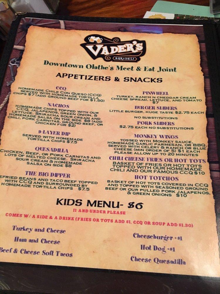 Carta de Vader's Bar & Deli, Olathe