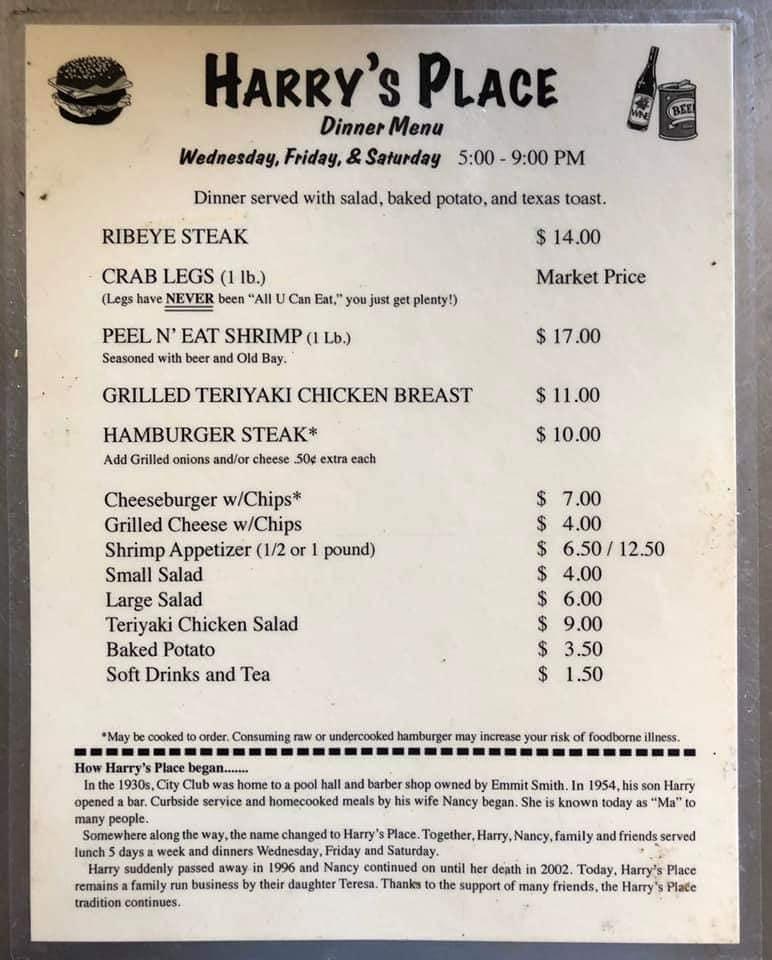 Menu at Harry's Place steakhouse, Elkin