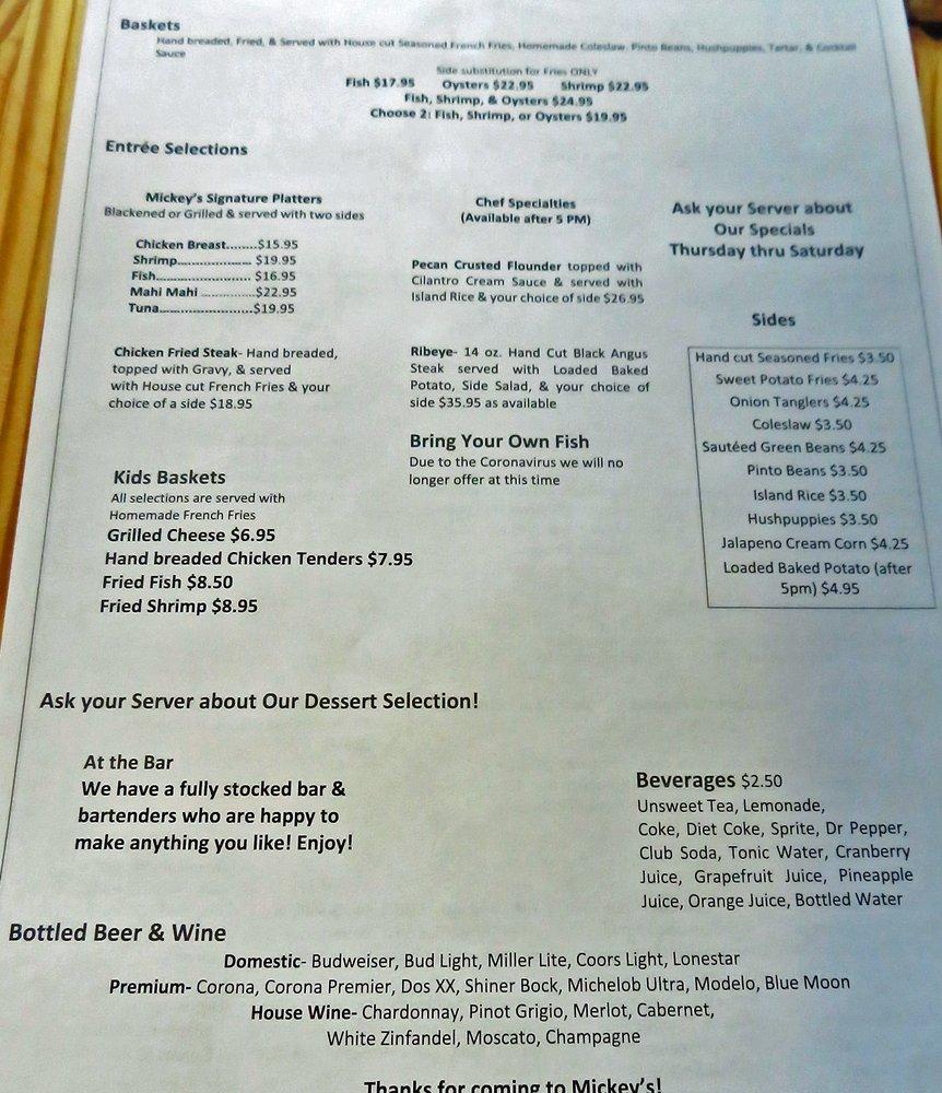 Menu at Mickey's Bar and Grill, Aransas Pass