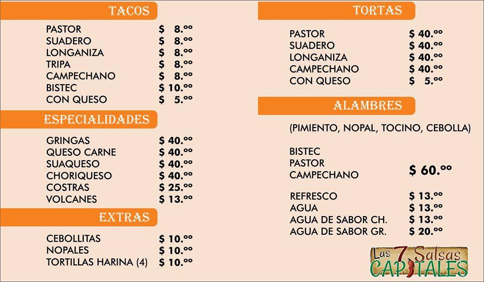 Menu at Las 7 salsas capitales restaurant, Ciudad López Mateos